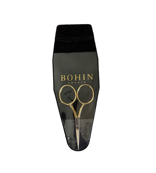 Elegant gold-plated Bohin scissors with large finger holes, designed for precision in needlework.