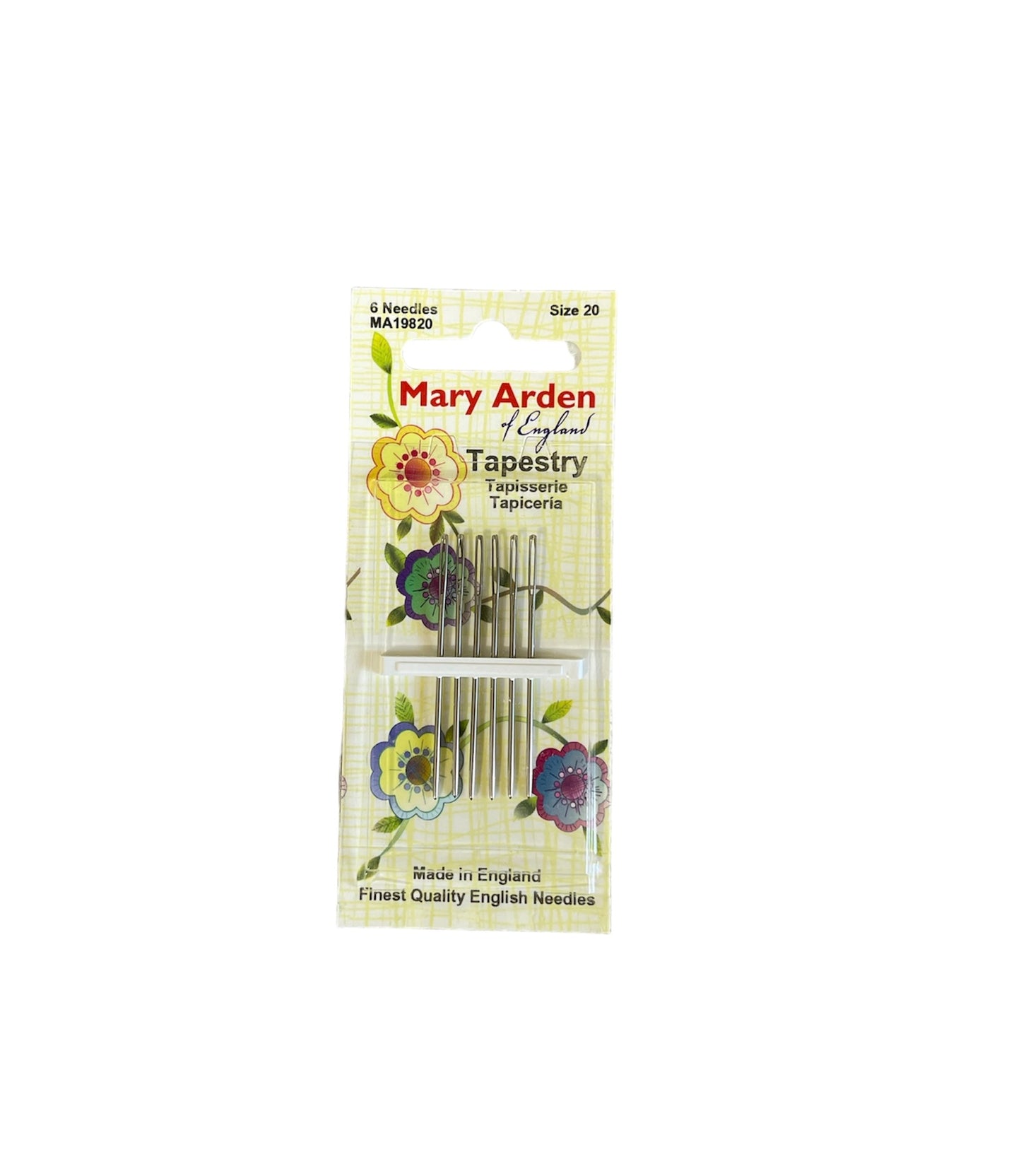 Pack of six size 20 Mary Arden tapestry needles, known for their fine quality and durability.