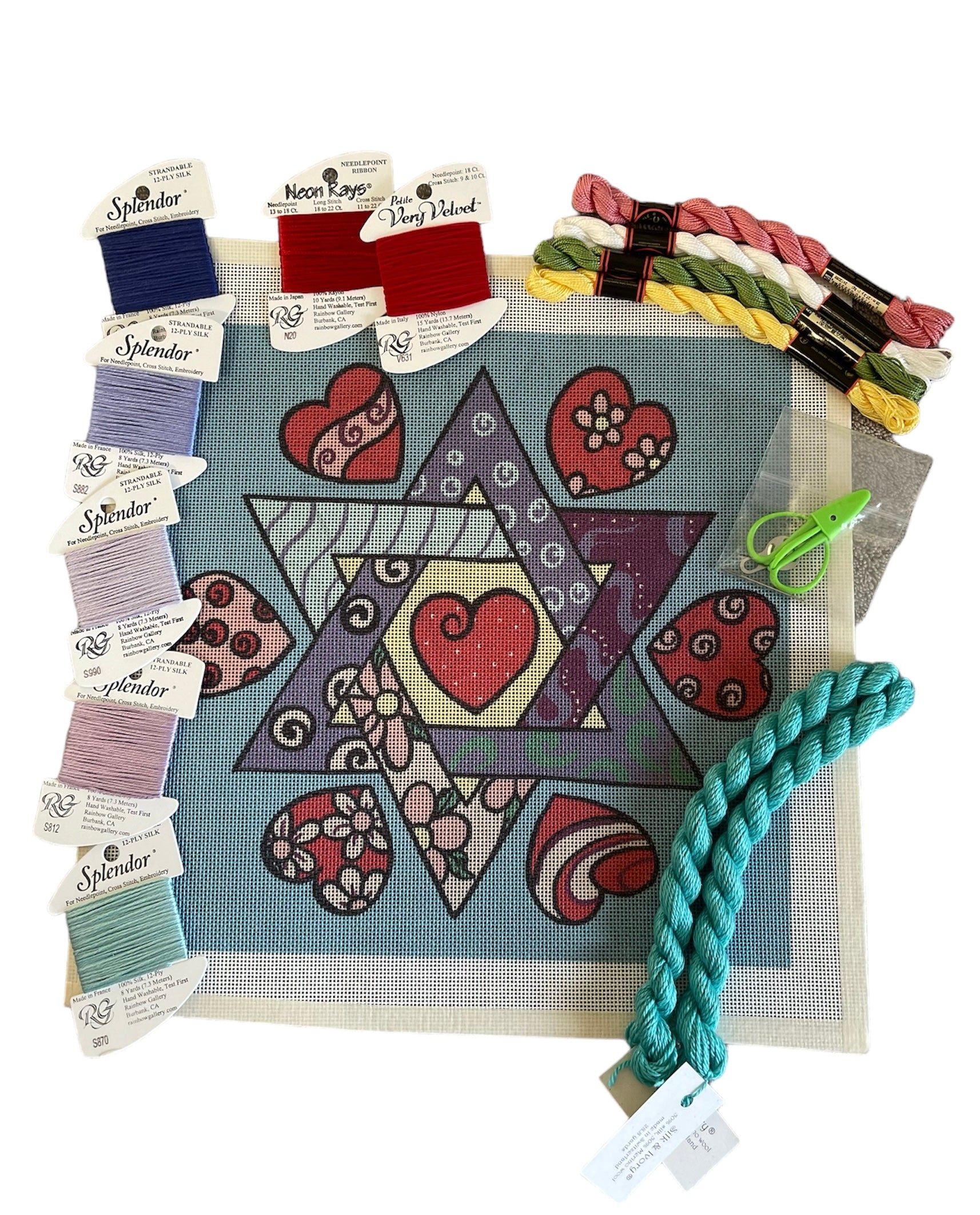 Romantic needlepoint kit with star and heart patterns, complemented by Splendor threads and Very Velvet fibers.