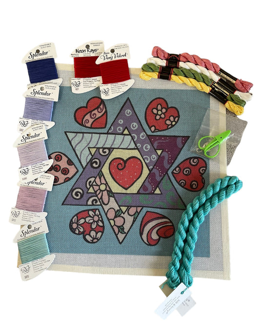 Romantic needlepoint kit with star and heart patterns, complemented by Splendor threads and Very Velvet fibers.