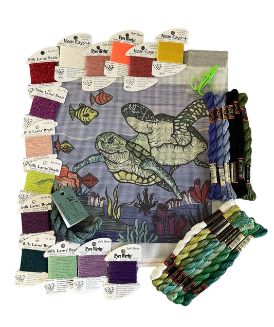 Under the sea needlepoint kit featuring a turtle design, complete with Silk Lamé Braid and Fyre Werks threads in oceanic colors.